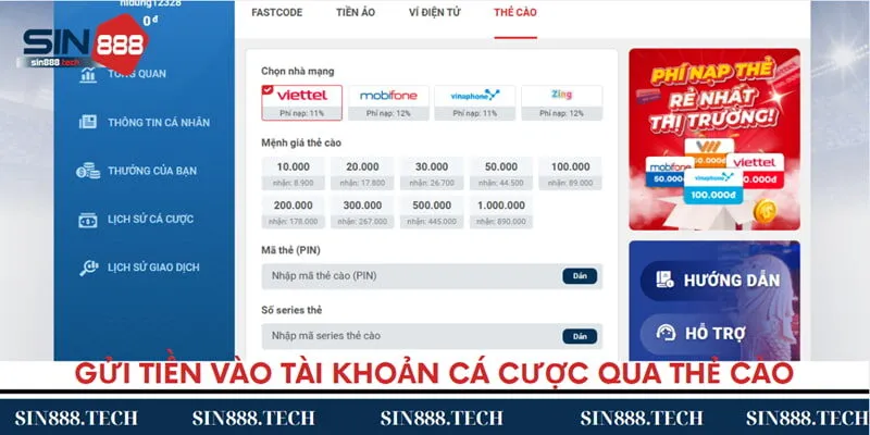 Gửi tiền vào tài khoản cá cược qua thẻ cào