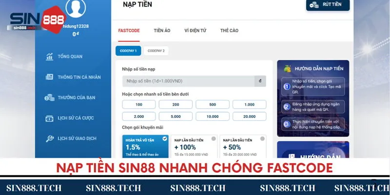 Nạp tiền Sin88 nhanh chóng nhờ Fastcode